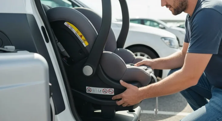 babyhillsthailand realistic photo of a father installing an infant 4